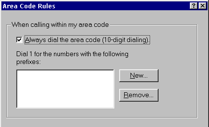 screenshot of New Area Code rule in Win98/ME